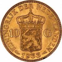 () Монета Нидерланды (Голландия) 1925 год 10  ""   Биметалл (Платина - Золото)  UNC