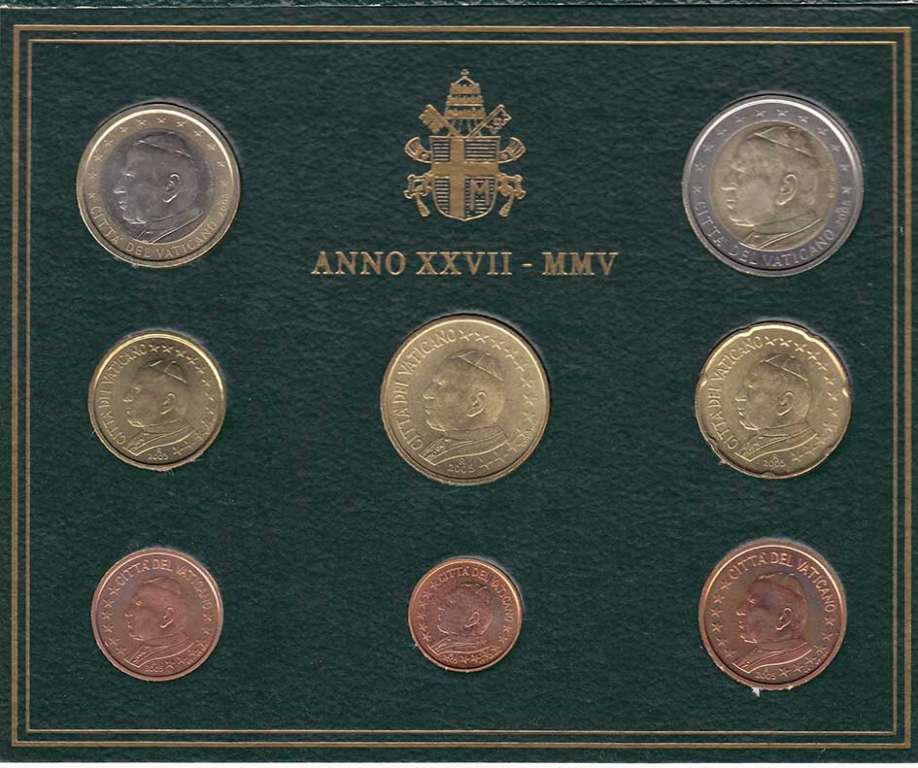(2005, 8 монет) Набор монет Ватикан 2005 год &quot;Тёмно-зелёный&quot;   Буклет