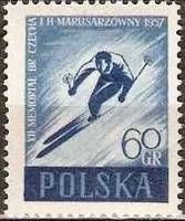 (1957-010) Марка Польша "Горнолыжный спорт (Темно-синяя)"   Памяти спортсменов Б. Чеха и Г. Марусажу