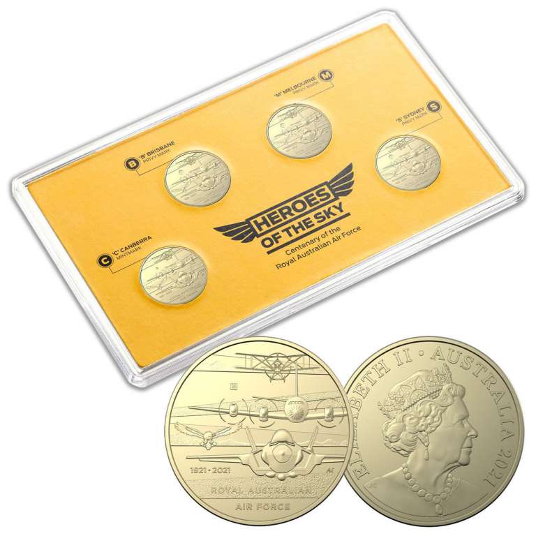 (2021, 4 монеты по 1$) Набор монет Австралия 2021 год &quot;Герои авиации&quot;   Буклет