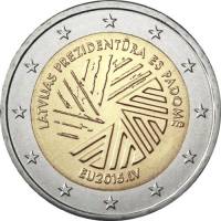 (002) Монета Латвия 2015 год 2 евро "Председательство Латвии в ЕвроСоюзе"  Биметалл  UNC