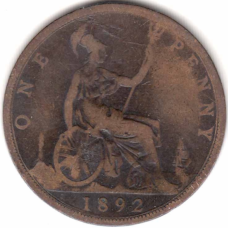 (1892) Монета Великобритания 1892 год 1 пенни &quot;Королева Виктория&quot;  Бронза  VF