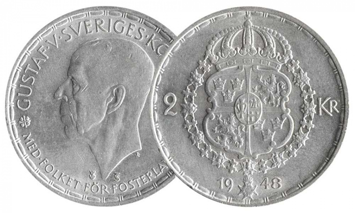 (1948ts) Монета Швеция 1948 год 2 кроны &quot;Густав V&quot;  Серебро Ag 400  UNC