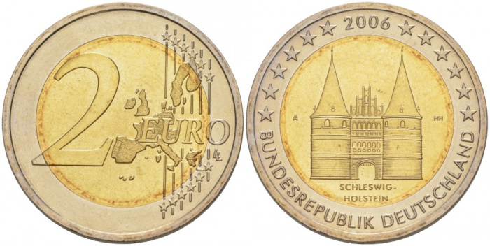 (001) Монета Германия (ФРГ) 2006 год 2 евро &quot;Шлезвиг-Гольштейн&quot; Двор A Биметалл  UNC
