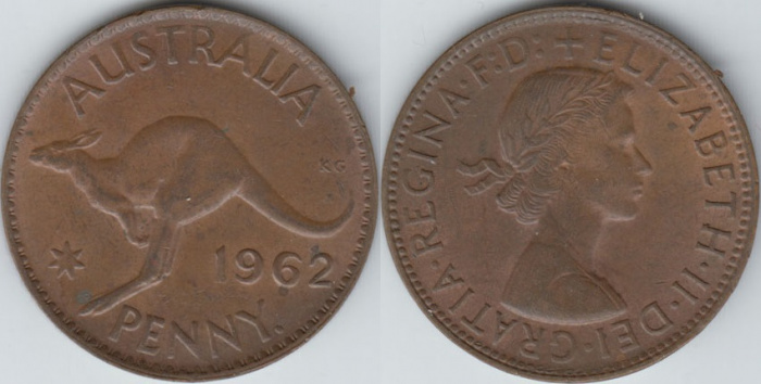 (1962) Монета Австралия 1962 год 1 пенни &quot;Кенгуру&quot;  Бронза  XF