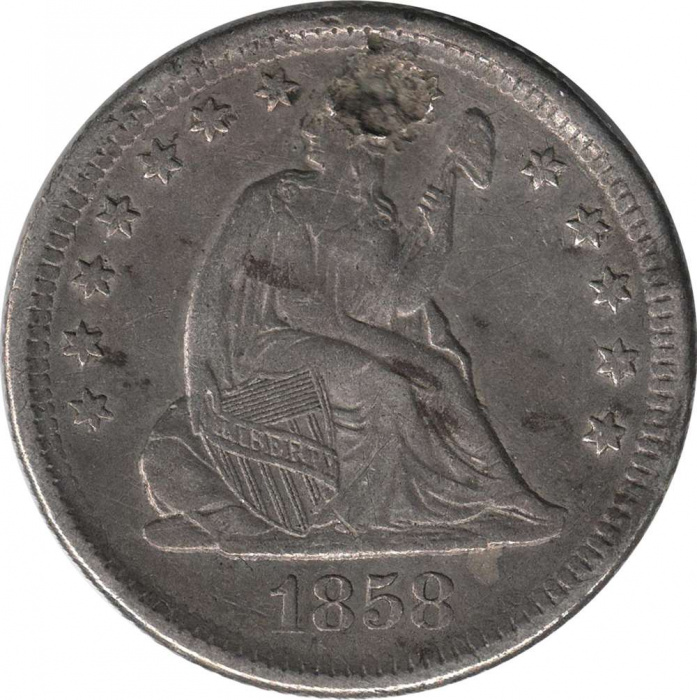Монета США 1858 год 25 центов &quot;Сидящая Статуя Свободы&quot;, F