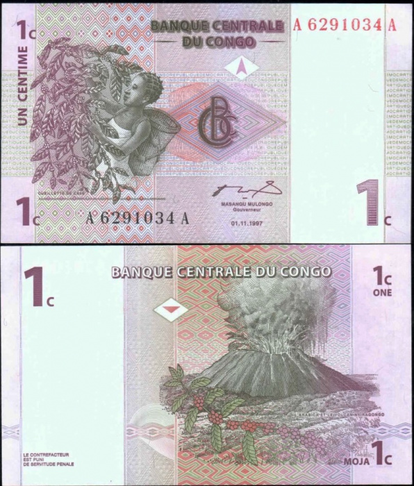 (1997) Банкнота Дем Республика Конго 1997 год 1 сантим &quot;Вулкан&quot;   UNC