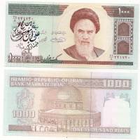 Банкнота Иран 1992 год 1 000 риалов Рухолла Хомейни Надпечатка  UNC