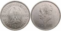 (1932d) Монета Германия (Веймар) 1932 год 3 марки   Гёте 100 лет смерти Серебро Ag 500  UNC