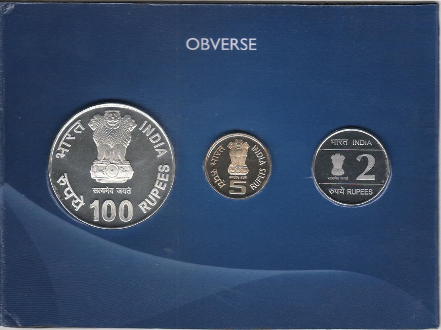 (2010, 3 монеты, 2, 5, 100 рупий) Набор монет Индия 2010 год &quot;XIX Игры Содружества Дели&quot;   Буклет