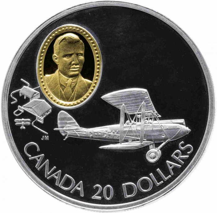 (1992) Монета Канада 1992 год 20 долларов &quot;Биплан De Havilland DH.60 Moth&quot;  Серебро Ag 925, Позолота