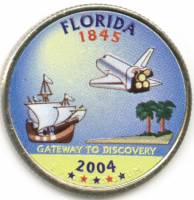 (027p) Монета США 2004 год 25 центов "Флорида"  Вариант №1 Медь-Никель  COLOR. Цветная