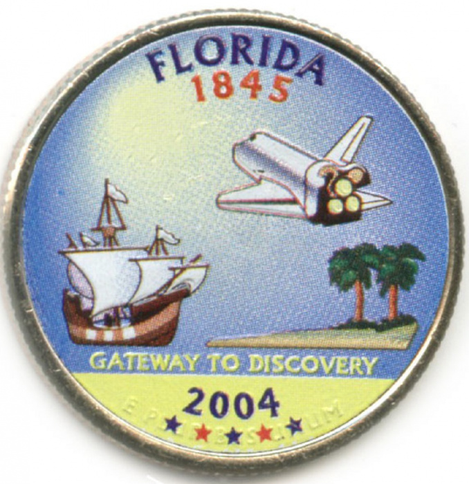 (027p) Монета США 2004 год 25 центов &quot;Флорида&quot;  Вариант №1 Медь-Никель  COLOR. Цветная