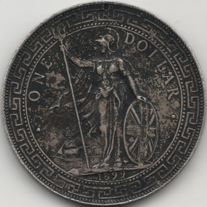(1899) Монета Великобритания 1899 год 1 торговый доллар &quot;Британия&quot;  С отверстием Серебро Ag 900  VF
