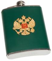 Фляжка для алкоголя "Герб России" в подарок патриоту - отличная емкость из нержавейки с патриотической накладкой!