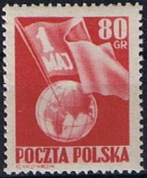 (1953-008) Марка Польша "Глобус и флаг (Лилово-красная)"   1 мая День труда II &Theta;
