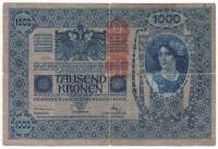 (1919) Банкнота Австро-Венгрия 1919 год 1 000 крон "Вертик надпечатка на боне 1902 года"   VF