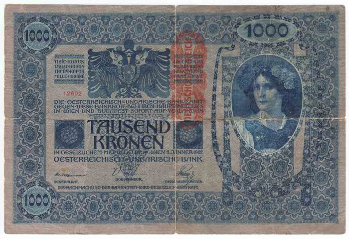 (1919) Банкнота Австро-Венгрия 1919 год 1 000 крон &quot;Вертик надпечатка на боне 1902 года&quot;   VF