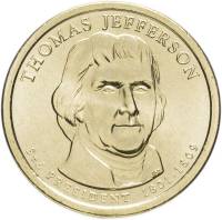 03d Монета США 2007 год 1 доллар Томас Джефферсон 2007 год Латунь  UNC