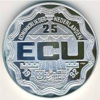 (№1992) Монета Нидерланды 1992 год 25 Ecu (12-1/2-летия коронации и посещение Арубы и Нидерландских 