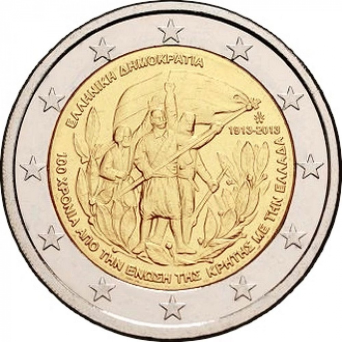 (007) Монета Греция 2013 год 2 евро &quot;Воссоединение Греции с Критом. 100 лет&quot;  Биметалл  UNC