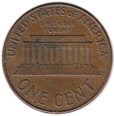 (1975d) Монета США 1975 год 1 цент   150-летие Авраама Линкольна, Мемориал Линкольна Латунь  VF