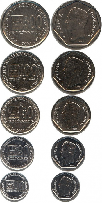 (2002-2004, 5 монет) Набор монет Венесуэла 2002 год &quot;Симон Боливар&quot;   UNC