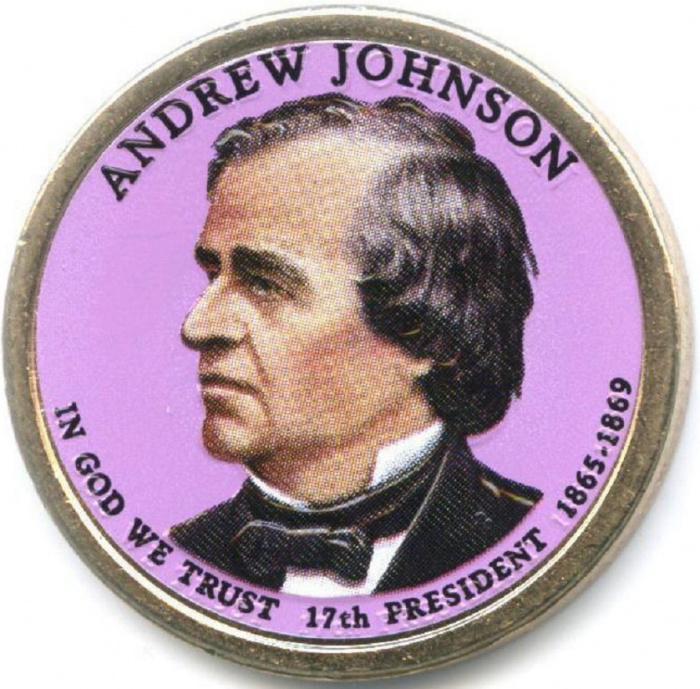 (17p) Монета США 2011 год 1 доллар &quot;Эндрю Джонсон&quot;  Вариант №1 Латунь  COLOR. Цветная