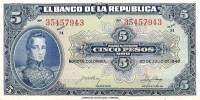 (№1946P-386c.3) Банкнота Колумбия 1946 год "5 Pesos Oro"