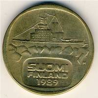 1989 Монета Финляндия 1989 год 5 марок Ледокол Урхо Латунь  XF