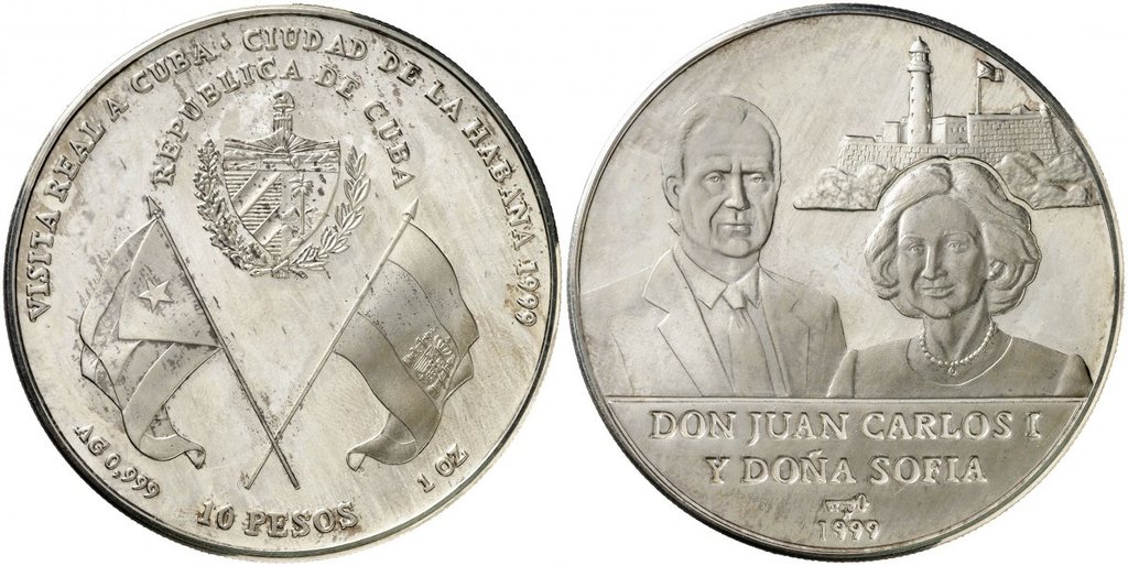 (1999) Монета Куба 1999 год 10 песо &quot;Хуан Карлос и София&quot;  Серебро Ag 999  PROOF