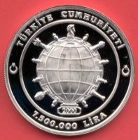 () Монета Турция 2000 год 7500000  ""   Биметалл (Серебро - Ниобиум)  AU