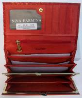 Кошелёк женский "NINA FARMINA" Фактурная кожа, 5 отделов + кармашки, Клепка, поцелуй, Красный №2