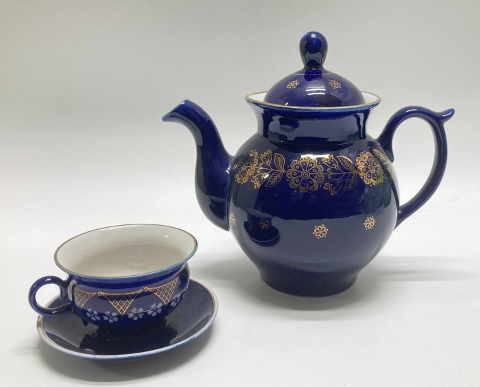 Чайник заварочный + чайная пара, Бронницы, кобальт, позолота