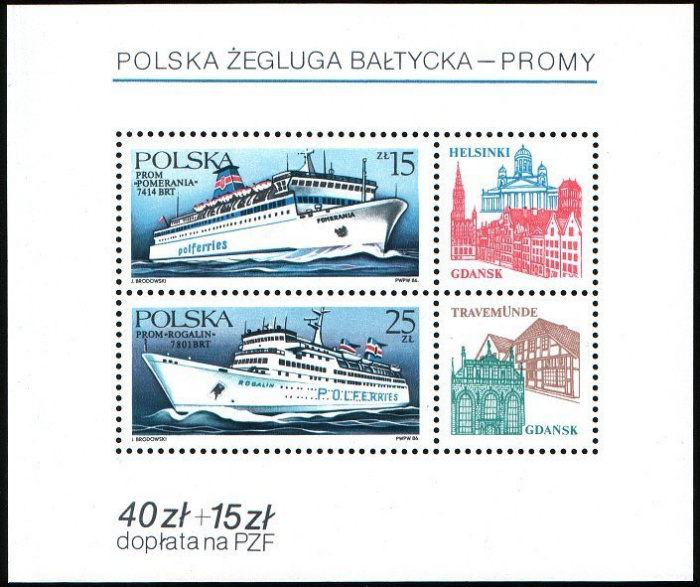 (1986-022) Блок марок Польша &quot;Морские паромы 'Померания' и 'Рогалин'&quot;    Польское Балтийское судоход