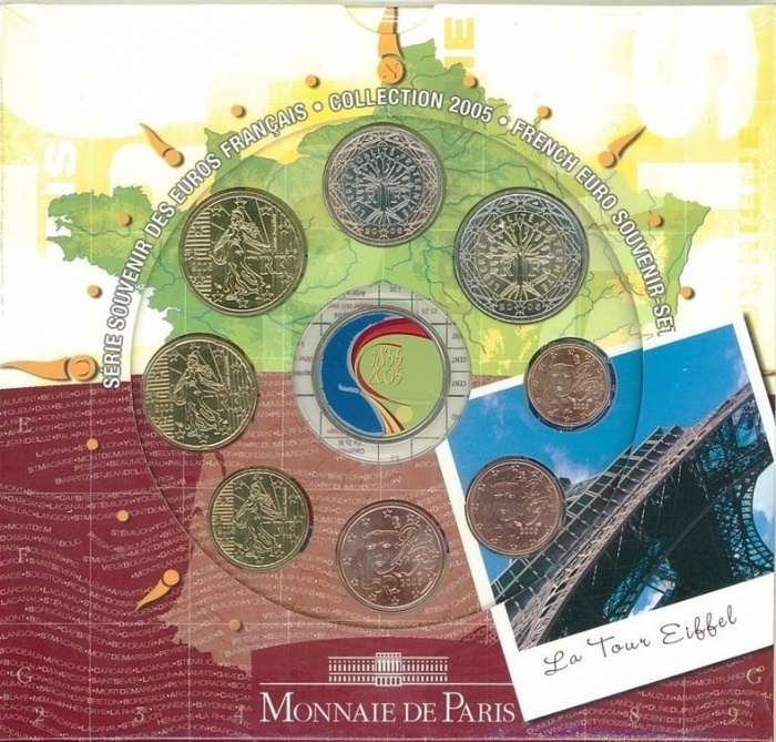 (2005, 8 монет + жетон) Набор монет Франция 2005 год &quot;Первая Парижская выставка. 150 лет&quot;   Буклет