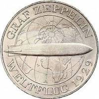 (1930a) Монета Германия Веймарская республика 1930 год 5 марок   Полёт дирижабля граф Цеппелин  VF