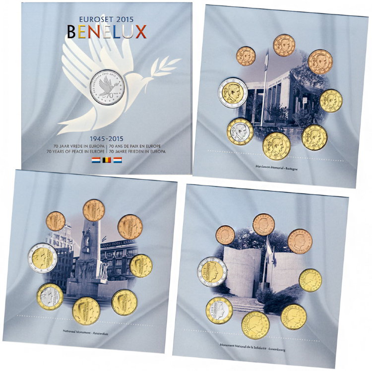 (2015, 24 м + жетон) Набор монет Бенилюкс 2015 год &quot;70 лет мира (1945-2015)&quot;  Буклет