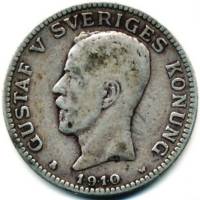 (1910) Монета Швеция 1910 год 1 крона "Густав V"  Серебро Ag 800  UNC