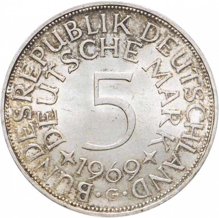 (1969G) Монета Германия (ФРГ) 1969 год 5 марок   Серебро Ag 625  XF