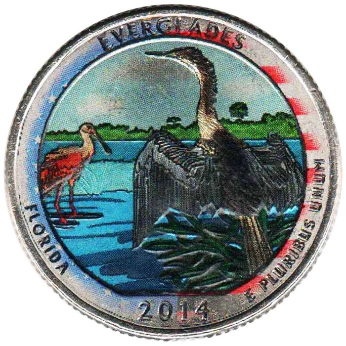025p Монета США 2014 год 25 центов Эверглейдс  Вариант №2 Медь-Никель  COLOR. Цветная