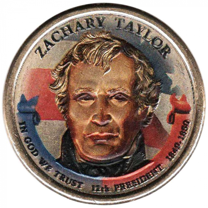(12p) Монета США 2009 год 1 доллар &quot;Закари Тейлор&quot;  Вариант №2 Латунь  COLOR. Цветная