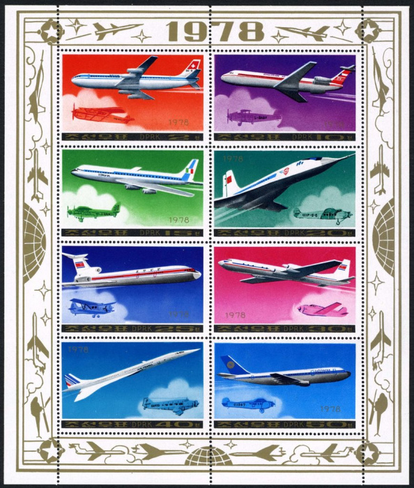 (1978-113) Лист (8 м 2х4) Северная Корея &quot;Пассажирские самолеты&quot;   Самолеты III Θ