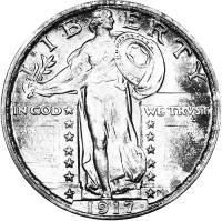 (1917) Монета США 1917 год 25 центов "Стоящая Свобода" 2. Дата на постаменте Серебро Ag 900  XF