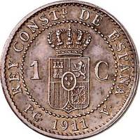 (№1911km731) Монета Испания 1911 год 1 Ceacute;ntimo