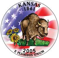 034p Монета США 2005 год 25 центов Канзас  Вариант №2 Медь-Никель  COLOR. Цветная