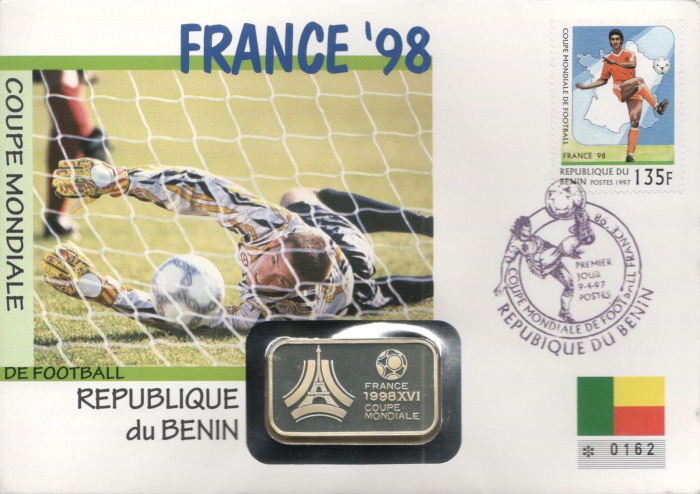(1997) Монета Бенин 1997 год 1000 франков КФА &quot;ЧМ по Футболу Франция 1998&quot;  Серебро Ag 999  Буклет с