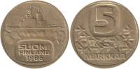 1986 Монета Финляндия 1986 год 5 марок Ледокол Урхо Латунь  XF