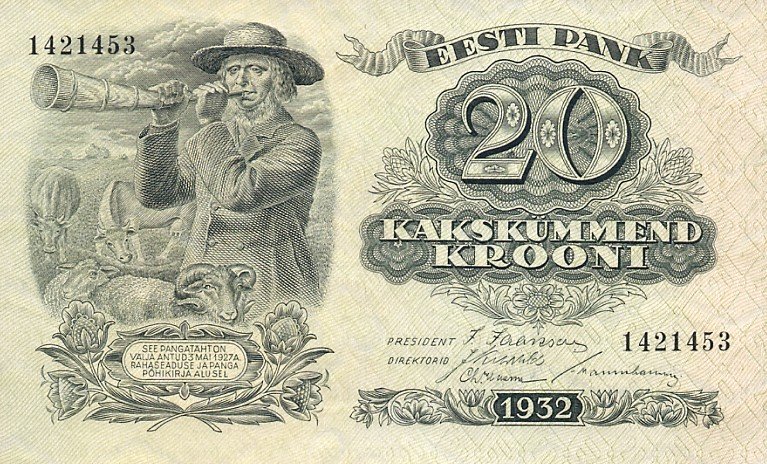 (1932) Банкнота Эстония 1932 год 20 крон &quot;Пастух&quot;   UNC