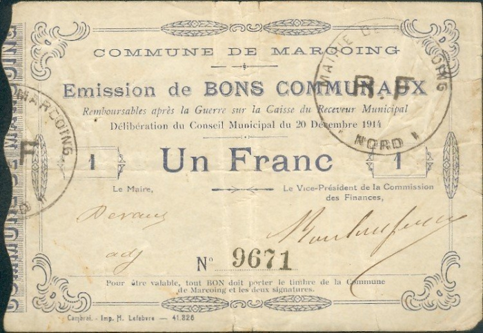 (№1914) Банкнота Франция 1914 год &quot;1 Franc&quot;